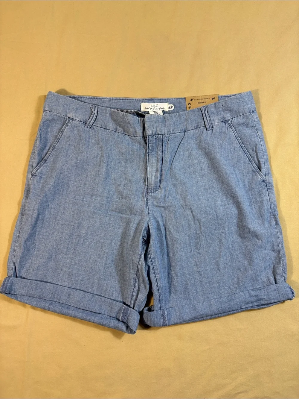 H&M L.O.G.G. Blue Chambray Cuffed Stretch Twill Chino Walking Shorts Women's 12